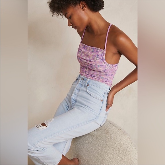 Free People Intimately Lilac Purple Bodysuit Butterfly mesh lace up size L - Picture 4 of 9